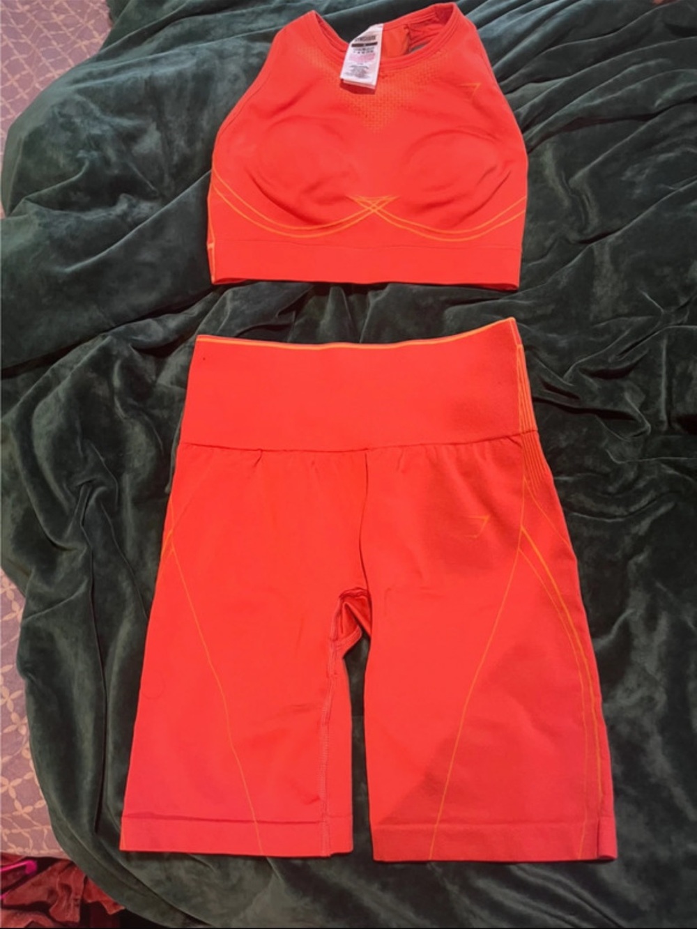 Gymshark Bright Orange High-Neck Sports Bra and Bike Shorts Set